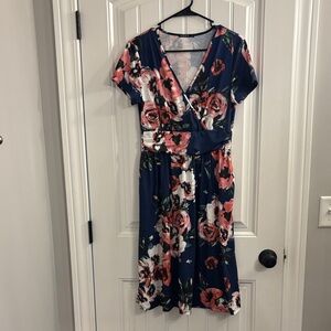 Floral Wrap Dress - Navy and Pink